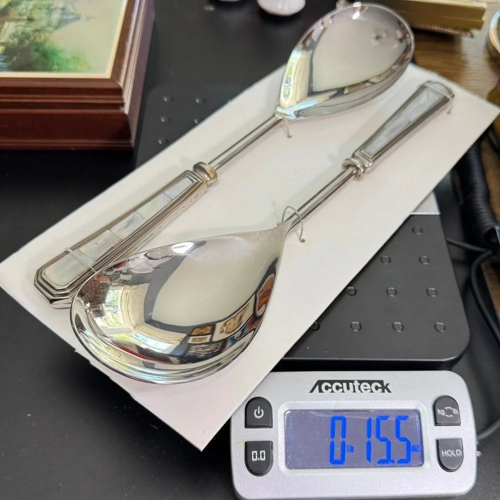 Mother of Pearl Inlay Silver Plated Serving Spoons 2pc Unused Coastal Chic READ